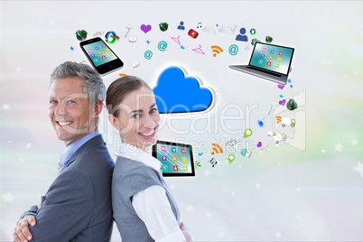 Businessman and business woman, back to back, are smiling against digital icons background