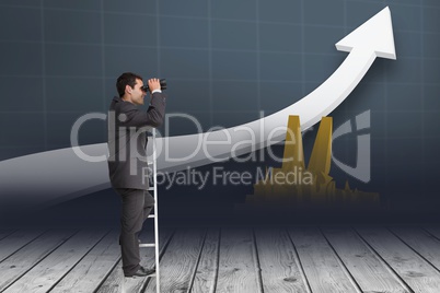 Businessman on ladder watching with binoculars different graphics