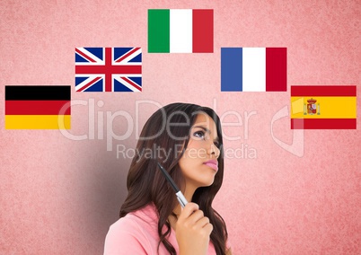 main language flags around woman thinking. Pink background