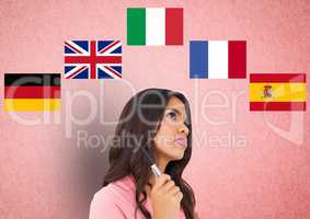 main language flags around woman thinking. Pink background