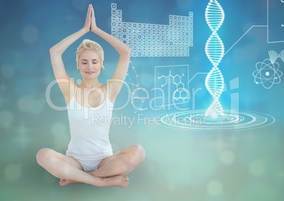 sporty woman with futuristic dna chain behind, blue background