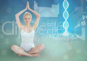 sporty woman with futuristic dna chain behind, blue background