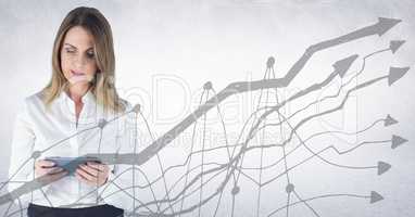 Business woman with tablet behind grey graph against white background