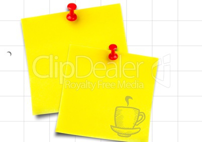Yellow sticky notes with coffee doodle against white graph paper