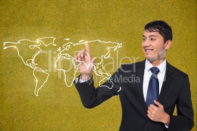 business man touching world wide map against yellow background
