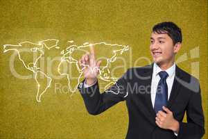 business man touching world wide map against yellow background