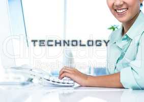 Cropped image of smiling businesswoman working on computer with technology text at office
