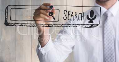 Business man mid section writing search bar against wood panel