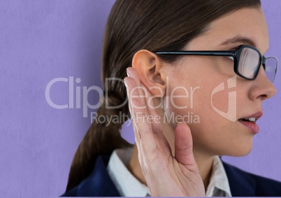 Young businesswoman wearing eyeglasses listening gossip against purple background