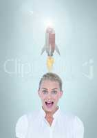 Businesswoman with a 3D rocket above her head