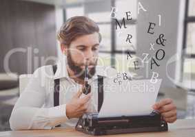 Hipster man  on typewriter in work space bright room