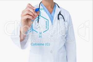 Doctor wearing white coat drawing adn against white background
