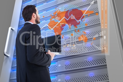 Businessman in front of digital door with graphics in his office