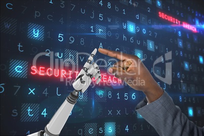 human hand is touching robot hand against code computer background