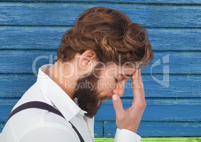 hipster thinking with blue wood background