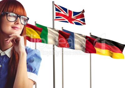 main language flags behind red hair young woman