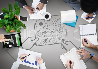 Overhead of business team with grey background and hands and cog graphic