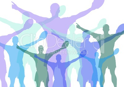 Rugby player celebrating silhouettes in range of blues and purples with opacity. White background