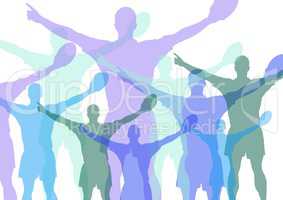 Rugby player celebrating silhouettes in range of blues and purples with opacity. White background