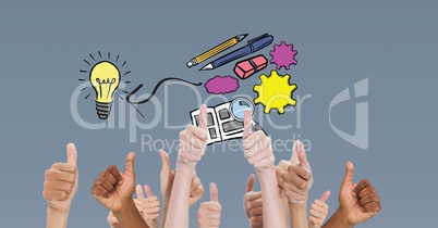 Digital composite image of hands gesturing thumbs up below office equipment and stationary against g