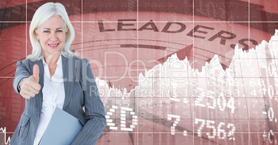 Digital composite image of businesswoman gesturing thumbs up standing against numbers and compass wi