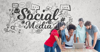 Digital composite image of young people working on laptop with table and glasses of water standing a