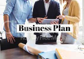 Business plan text against people standing in background