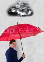 Digital composite image of thunder over businesswoman carrying red umbrella