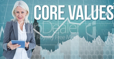 Digital image of businesswoman standing by growth values text against arrow