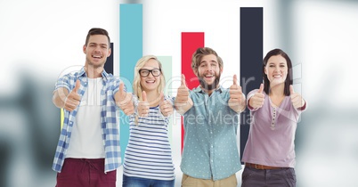 Hipsters gesturing thumbs up while standing against graph