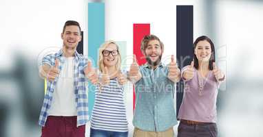 Hipsters gesturing thumbs up while standing against graph