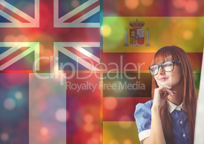 main language flags overlap with color lights around young woman thinking.