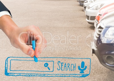 Hand drawing blue search bar against parked cars