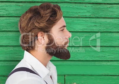 hipster foreground with green wood background