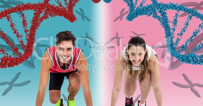 runner woman and runner man with dna chains, pink and blue background