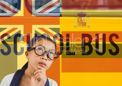 main language flags around girl. School bus background