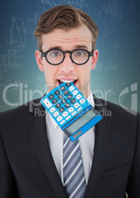 Man with calculator in mouth against math doodles and blue green background