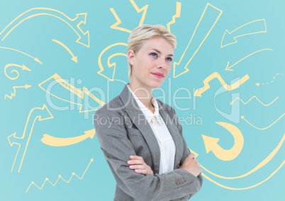 Business woman thinking against blue background and cream arrow graphic