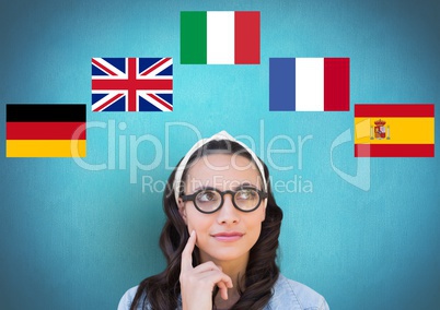 main language flags around young woman with glasses. Blue background