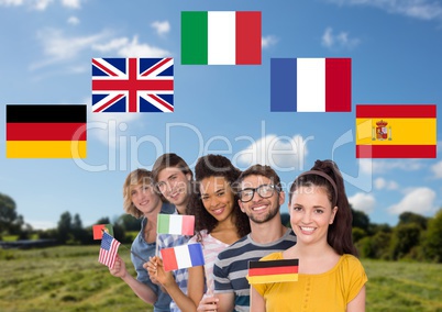 main language flags around group teenagers with flags in field