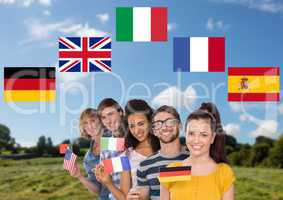 main language flags around group teenagers with flags in field