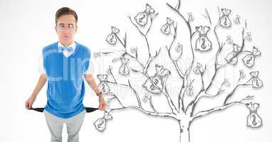 Sad young man with empty pocket and a money tree background