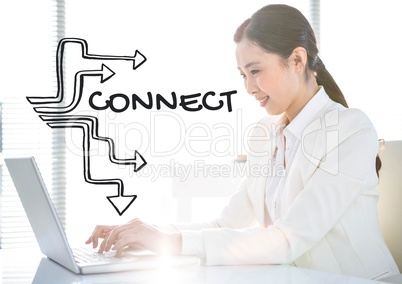 Grey connection graphic against business woman at laptop next to bright window