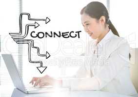 Grey connection graphic against business woman at laptop next to bright window