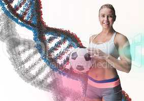 Woman with soccer ball with blue, grey and red dna chain in a white background and some flares