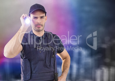 Security guard with flashlight against blurry wall and city sketch