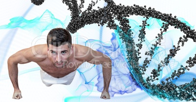 man  doing felixing exercise with grey dna chain and blue lights