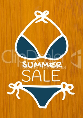 White summer sale text and blue bikini against wood