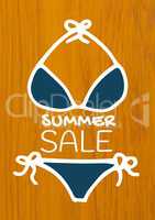 White summer sale text and blue bikini against wood