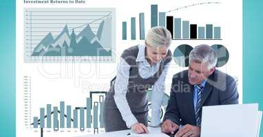 Digital composite image of business people with file folder and documents discussing against graphs
